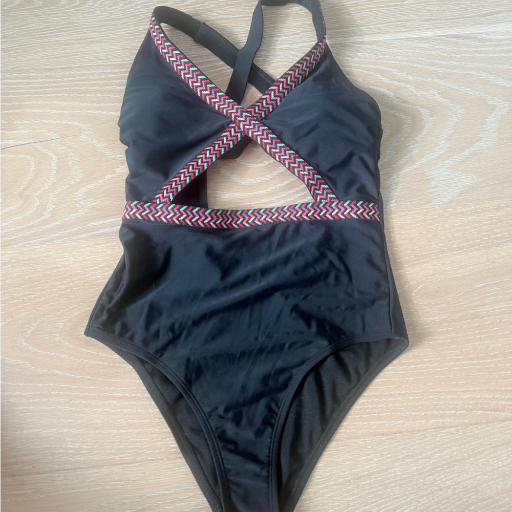 Size Small, xhilaration Black One-Piece Swimsuit with Multicolor Straps